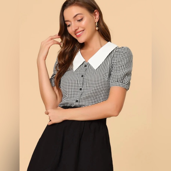Allegra K Plaid Puff Sleeve Collar Blouse Button Down Shirt • size small • NWT - Picture 1 of 16